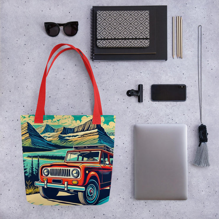 Vintage Off-Road Adventure Tote Bag  Classic International Scout SUV in Majestic Mountain Landscape