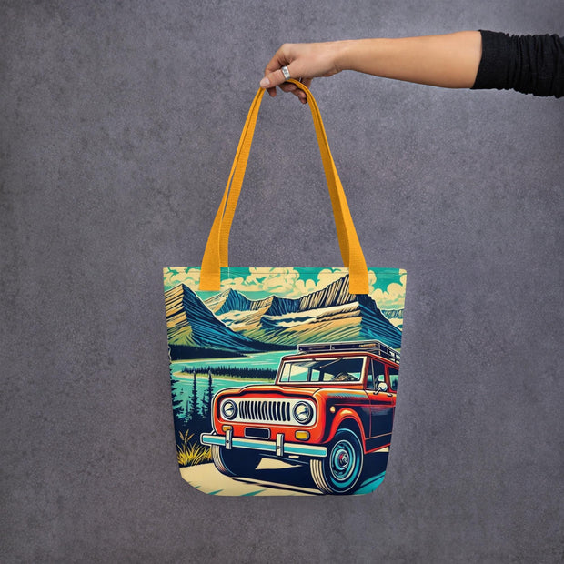 Vintage Off-Road Adventure Tote Bag  Classic International Scout SUV in Majestic Mountain Landscape