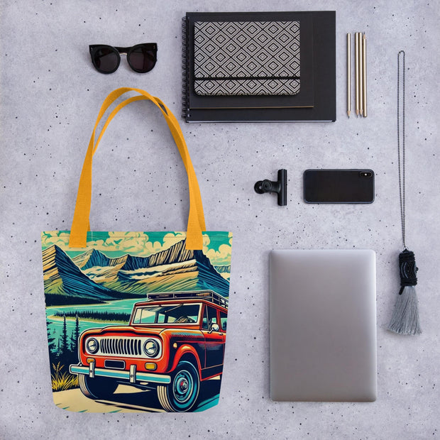 Vintage Off-Road Adventure Tote Bag  Classic International Scout SUV in Majestic Mountain Landscape