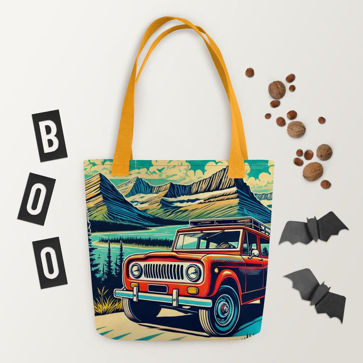 Vintage Off-Road Adventure Tote Bag  Classic International Scout SUV in Majestic Mountain Landscape