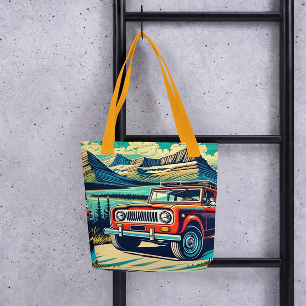 Vintage Off-Road Adventure Tote Bag  Classic International Scout SUV in Majestic Mountain Landscape