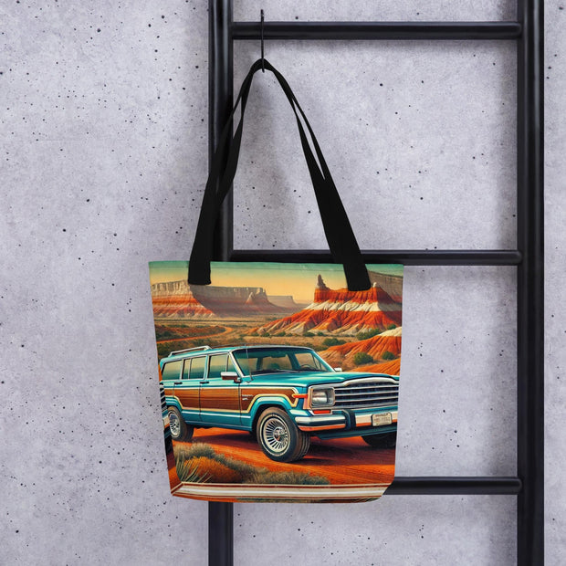 Retro Jeep Adventure Tote Bag  Vintage Scenic Southwest Desert Art