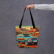 Retro Jeep Adventure Tote Bag  Vintage Scenic Southwest Desert Art