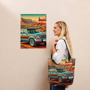 Retro Jeep Adventure Tote Bag  Vintage Scenic Southwest Desert Art