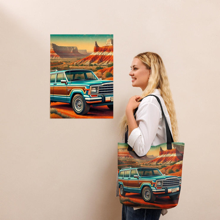 Retro Jeep Adventure Tote Bag  Vintage Scenic Southwest Desert Art