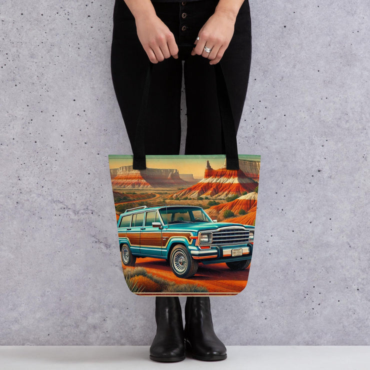 Retro Jeep Adventure Tote Bag  Vintage Scenic Southwest Desert Art