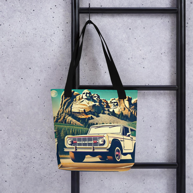 Tote bag - Classic Ford Bronco Art Print  Retro Off-Road Adventure at Mount Rushmore  Vintage 4x4 Illustration