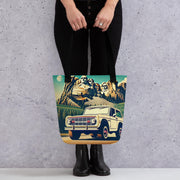 Tote bag - Classic Ford Bronco Art Print  Retro Off-Road Adventure at Mount Rushmore  Vintage 4x4 Illustration