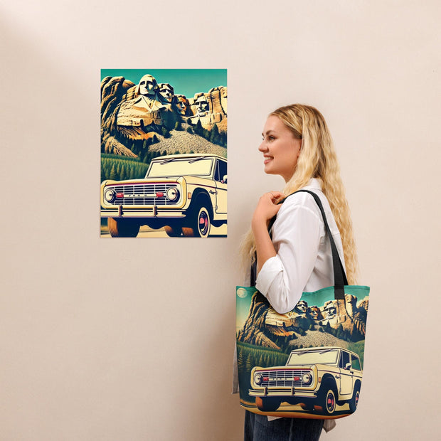 Tote bag - Classic Ford Bronco Art Print  Retro Off-Road Adventure at Mount Rushmore  Vintage 4x4 Illustration