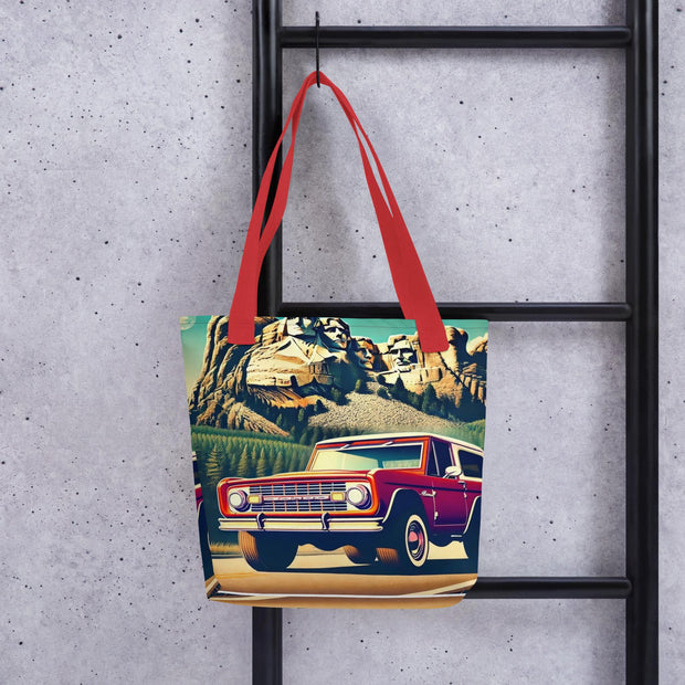 Classic Ford Bronco Tote Bag  Retro Mount Rushmore Road Trip Art