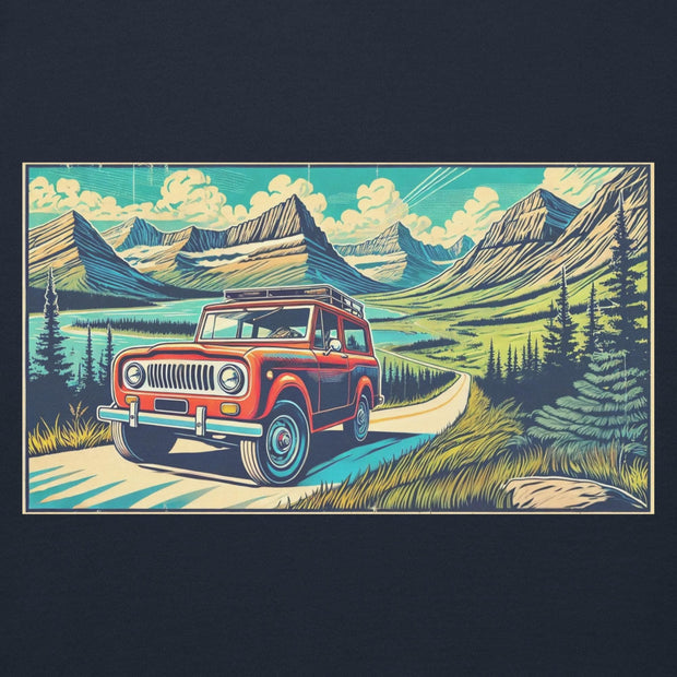 Vintage International Red Scout at Glacier National Park Hoodie | Retro Off-Road Adventure | Ramblin' Fever Provisions