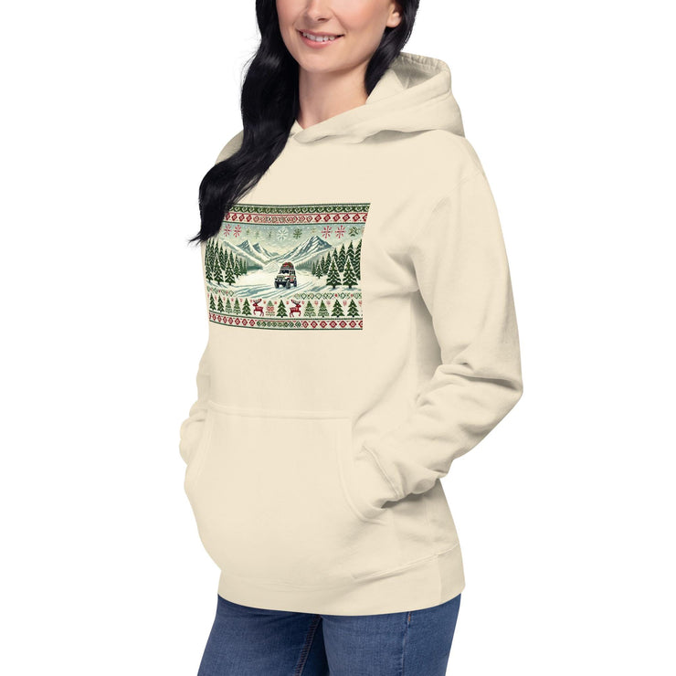 Holiday Adventure Hoodie - Festive Sweater Style with Snowy Mountain & Evergreen Trees - Perfect for Off-Road Enthusiasts and Holiday Lovers