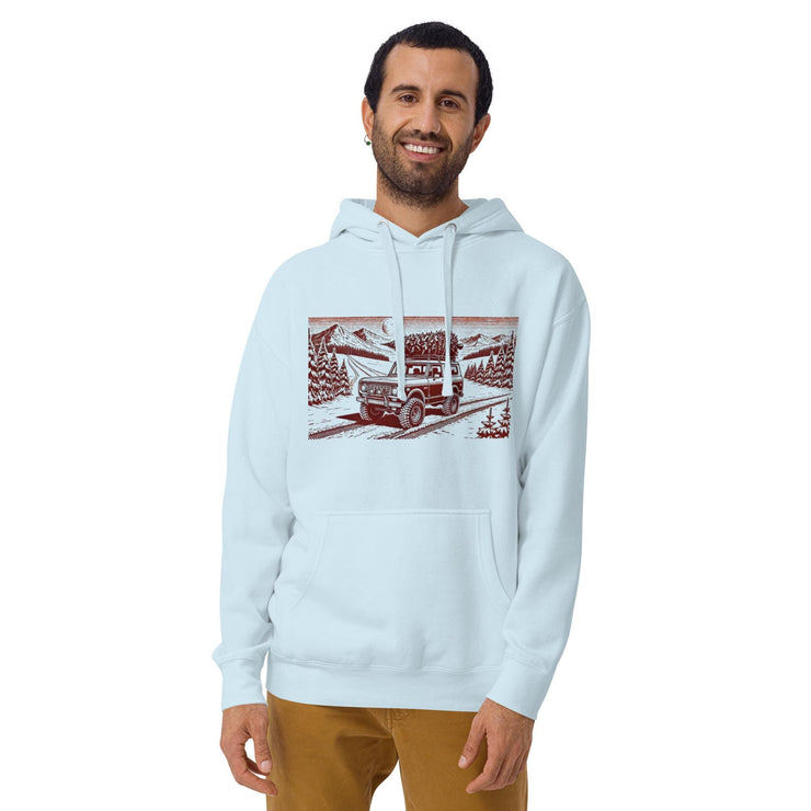 Vintage Off-Road Ford Bronco Adventure Hoodie - Cozy Knit Sweater with Mountain Scene