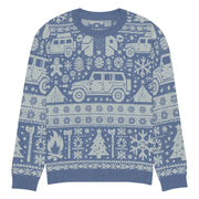 Vintage Jeep and Trees Christmas Sweater - Classic Ugly Christmas Sweater - Retro Holiday Knit Sweater by Ramblin Fever Provisions (blue)