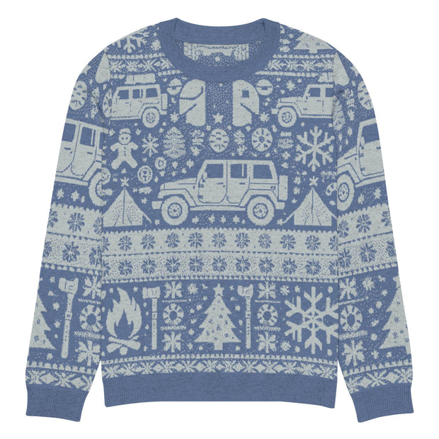 Vintage Jeep and Trees Christmas Sweater - Classic Ugly Christmas Sweater - Retro Holiday Knit Sweater by Ramblin Fever Provisions (blue)