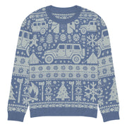 Vintage Jeep and Trees Christmas Sweater - Classic Ugly Christmas Sweater - Retro Holiday Knit Sweater by Ramblin Fever Provisions (blue)