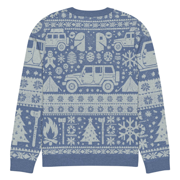 Vintage Jeep and Trees Christmas Sweater - Classic Ugly Christmas Sweater - Retro Holiday Knit Sweater by Ramblin Fever Provisions (blue)