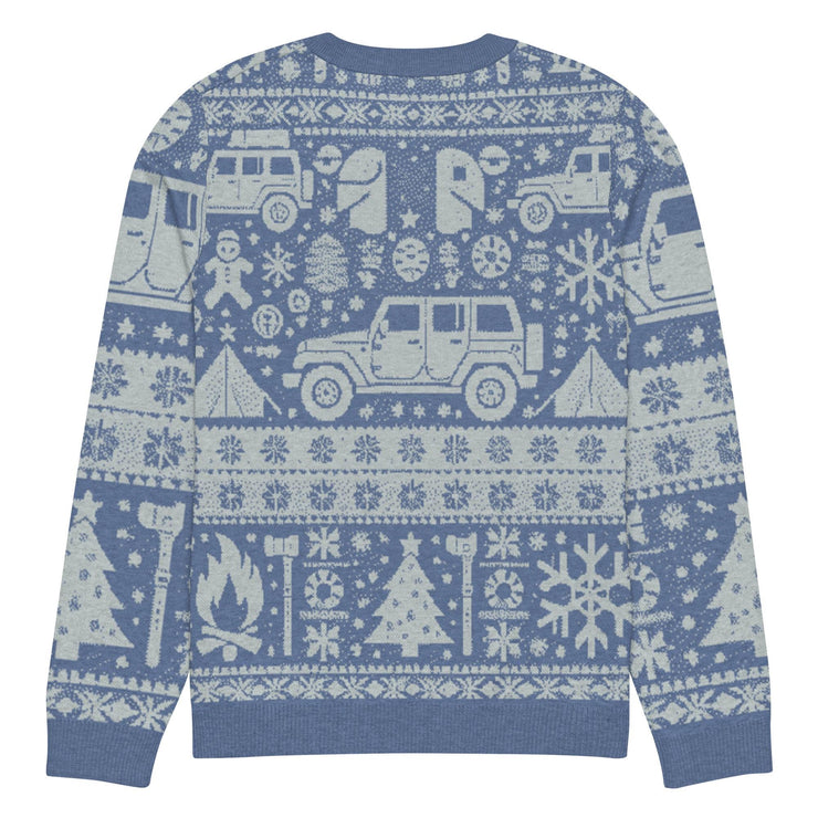 Vintage Jeep and Trees Christmas Sweater - Classic Ugly Christmas Sweater - Retro Holiday Knit Sweater by Ramblin Fever Provisions (blue)