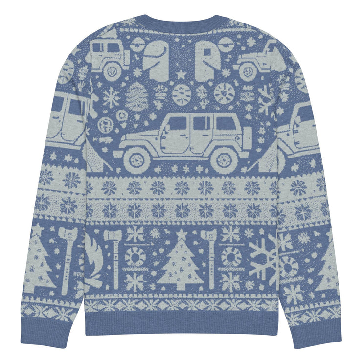 Vintage Jeep and Trees Christmas Sweater - Classic Ugly Christmas Sweater - Retro Holiday Knit Sweater by Ramblin Fever Provisions (blue)