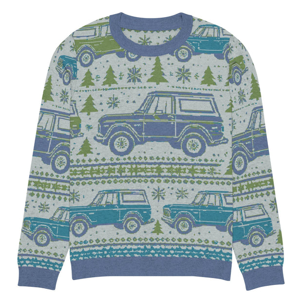 Vintage Blue & Green Bronco Christmas Sweater - Classic Car Ugly Christmas Sweater - Retro Holiday Knit Sweater by Ramblin Fever Provisions