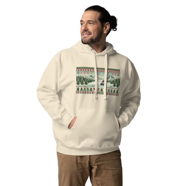 Holiday Adventure Hoodie - Festive Sweater Style with Snowy Mountain & Evergreen Trees - Perfect for Off-Road Enthusiasts and Holiday Lovers