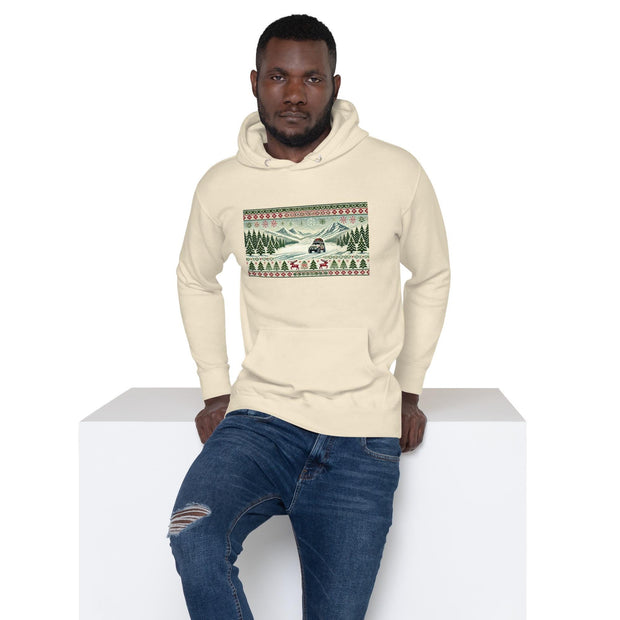 Holiday Adventure Hoodie - Festive Sweater Style with Snowy Mountain & Evergreen Trees - Perfect for Off-Road Enthusiasts and Holiday Lovers