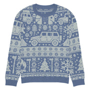 Vintage Jeep and Trees Christmas Sweater - Classic Ugly Christmas Sweater - Retro Holiday Knit Sweater by Ramblin Fever Provisions (blue)