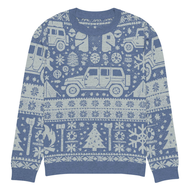 Vintage Jeep and Trees Christmas Sweater - Classic Ugly Christmas Sweater - Retro Holiday Knit Sweater by Ramblin Fever Provisions (blue)