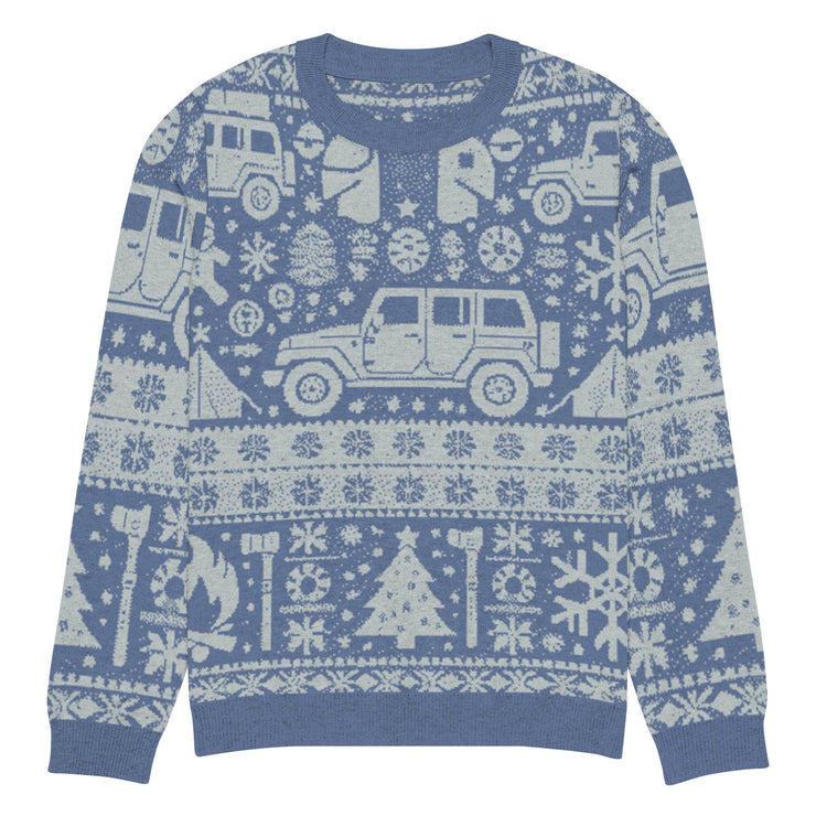 Vintage Jeep and Trees Christmas Sweater - Classic Ugly Christmas Sweater - Retro Holiday Knit Sweater by Ramblin Fever Provisions (blue)