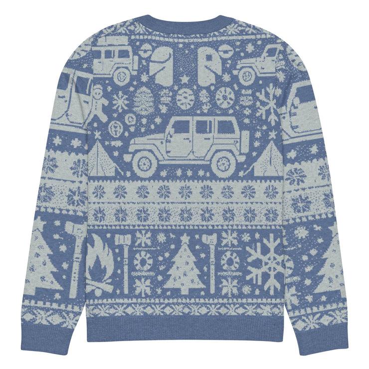 Vintage Jeep and Trees Christmas Sweater - Classic Ugly Christmas Sweater - Retro Holiday Knit Sweater by Ramblin Fever Provisions (blue)