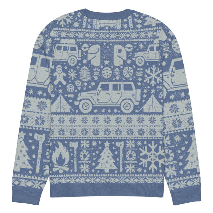 Vintage Jeep and Trees Christmas Sweater - Classic Ugly Christmas Sweater - Retro Holiday Knit Sweater by Ramblin Fever Provisions (blue)