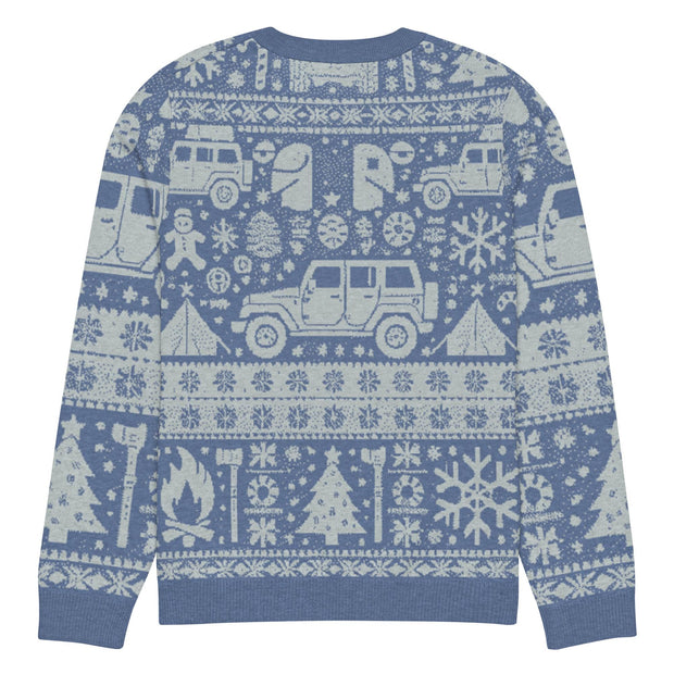 Vintage Jeep and Trees Christmas Sweater - Classic Ugly Christmas Sweater - Retro Holiday Knit Sweater by Ramblin Fever Provisions (blue)