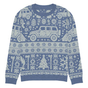 Vintage Jeep and Trees Christmas Sweater - Classic Ugly Christmas Sweater - Retro Holiday Knit Sweater by Ramblin Fever Provisions (blue)