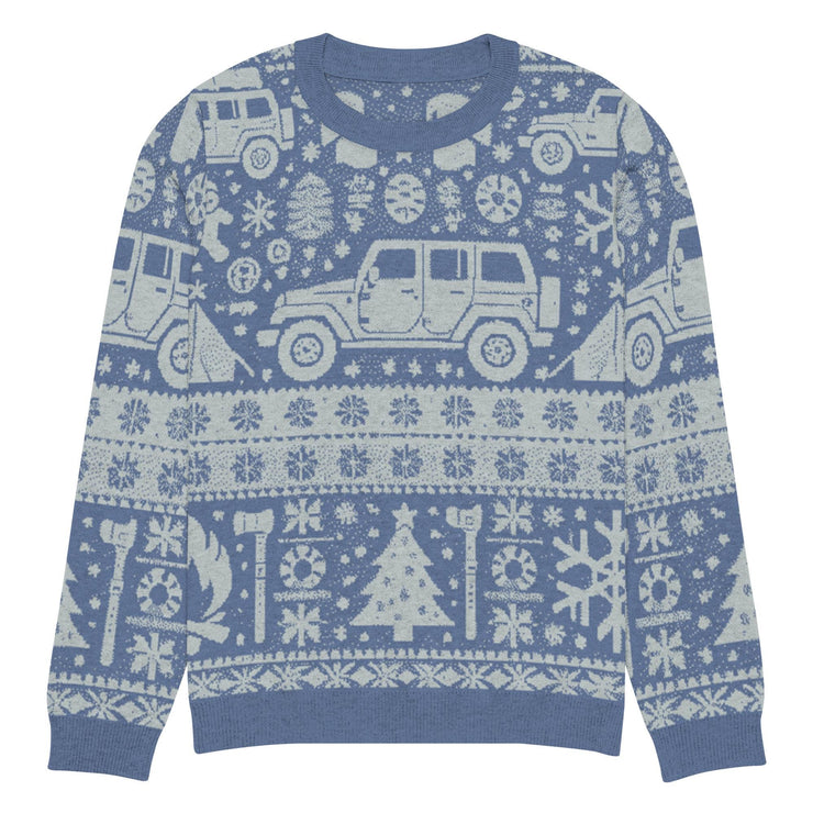 Vintage Jeep and Trees Christmas Sweater - Classic Ugly Christmas Sweater - Retro Holiday Knit Sweater by Ramblin Fever Provisions (blue)